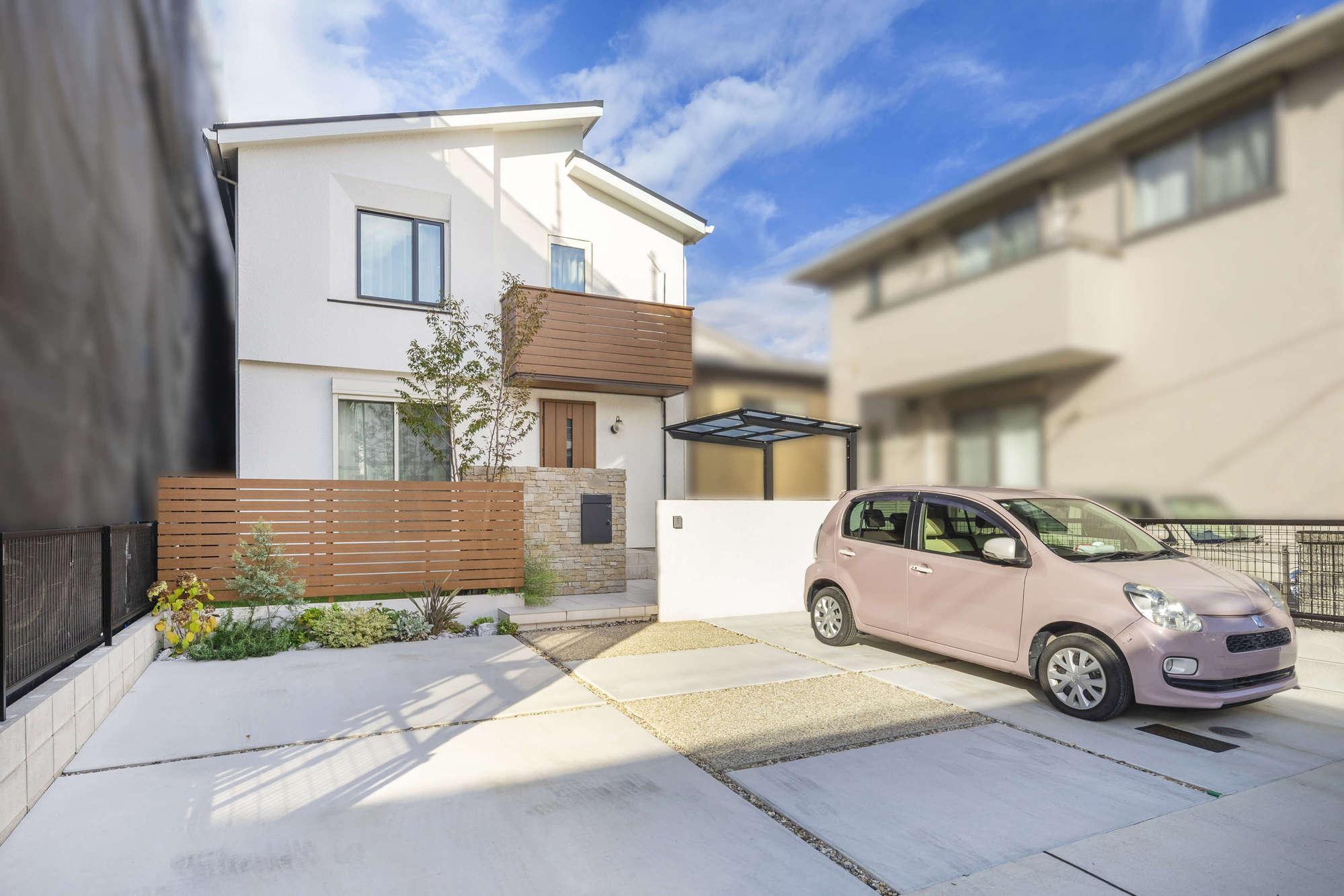 三井ホーム 新築外構 外構 フェンス ナチュラル デザイン エクステリア 自然石 サイクルポート 植栽 かわいい 愛知県 名古屋市