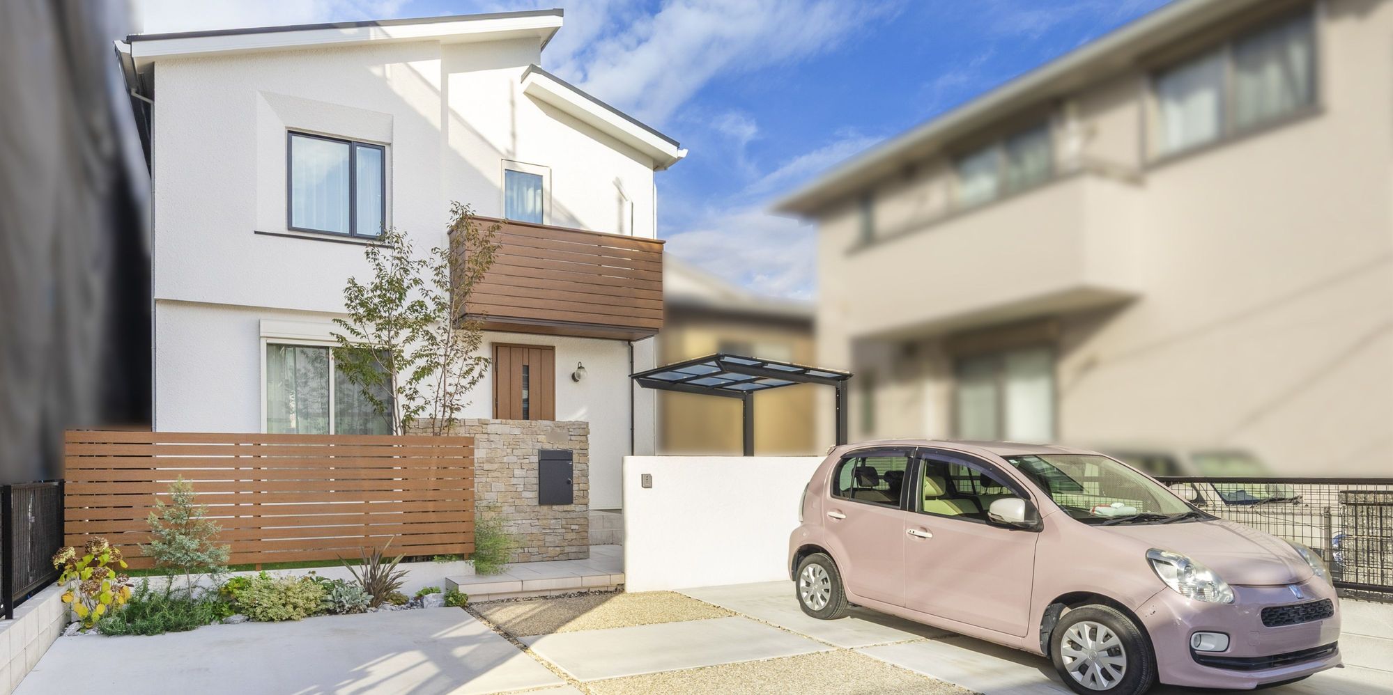 三井ホーム 新築外構 外構 フェンス ナチュラル デザイン エクステリア 自然石 サイクルポート 植栽 かわいい 愛知県 名古屋市