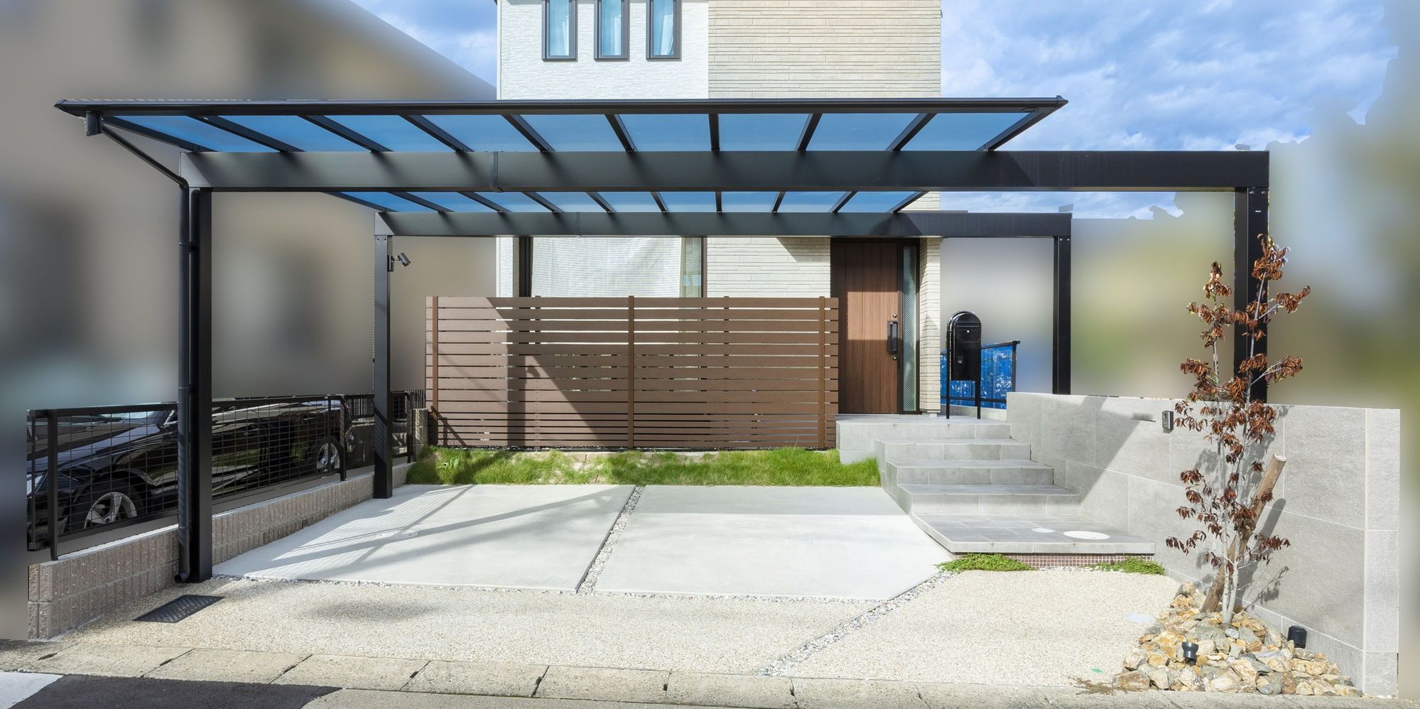 愛知県 名古屋 新築外構 ミサワホーム エクステリアデザイン ガーデンデザイン 門塀 カーポート 芝生 法面